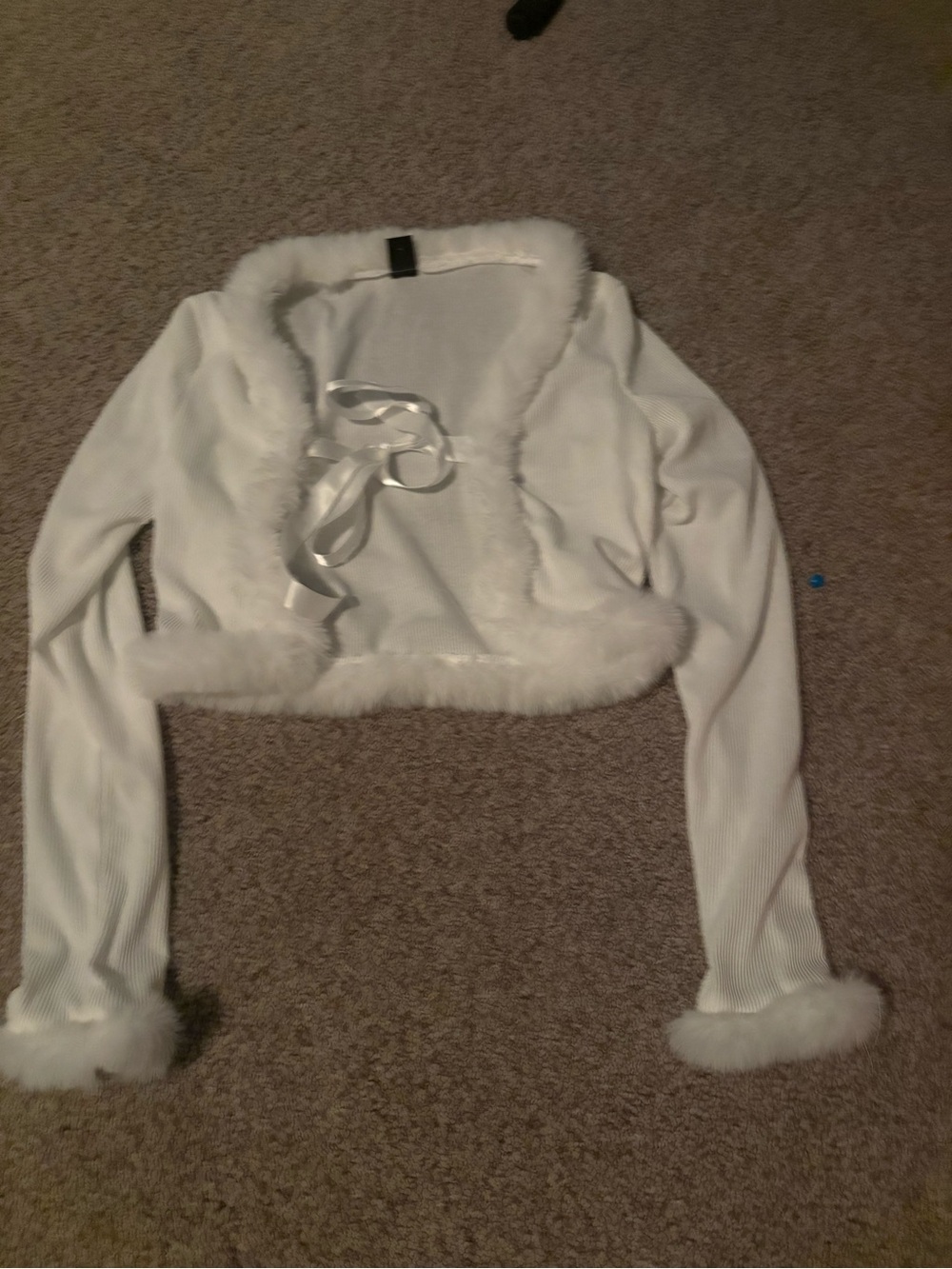 SHEIN White Faux Fur Trim Cropped Bolero Jacket